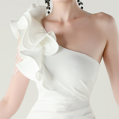 One Shoulder Ruffle Dress with High Slit | Craft Beaded Floral Satin Detail | noémi