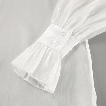 White Ruffle Top | See Through Yarn Shirt with Collared Design | noémi