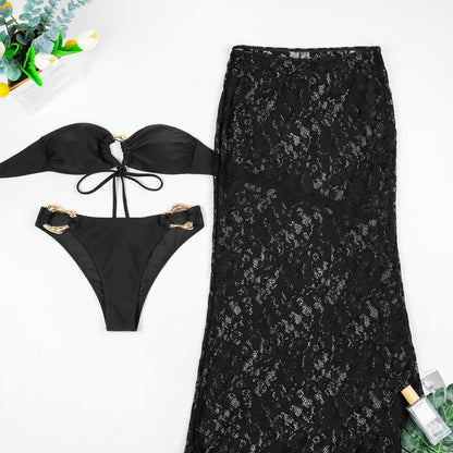 Tube Top Metal Buckle Bikini with Lace Maxi Dress Three Piece Set for Women | noémi