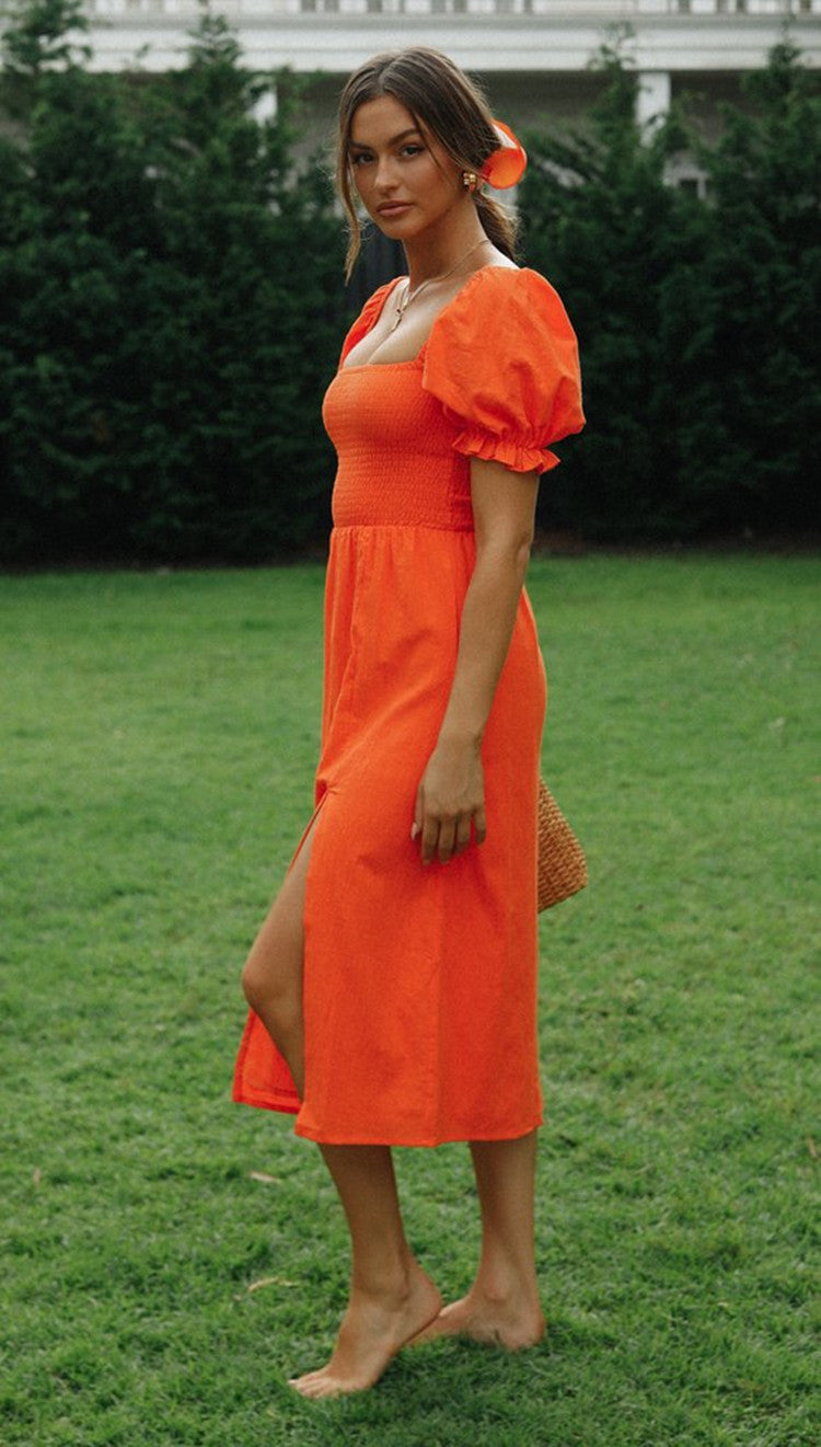 Womens Orange Puff Sleeve Maxi Dress with Side Split | noémi