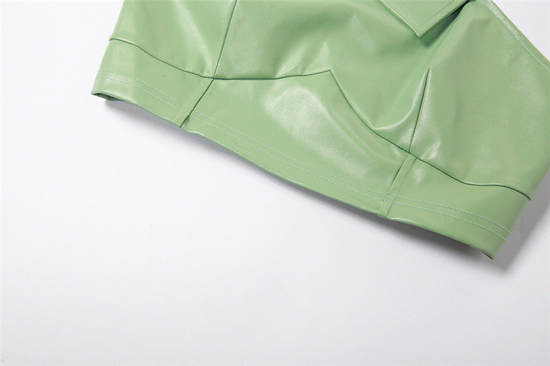 Womens Faux Leather Two Piece Set | Collar Crop Vest High Waist Straight Leg | noémi