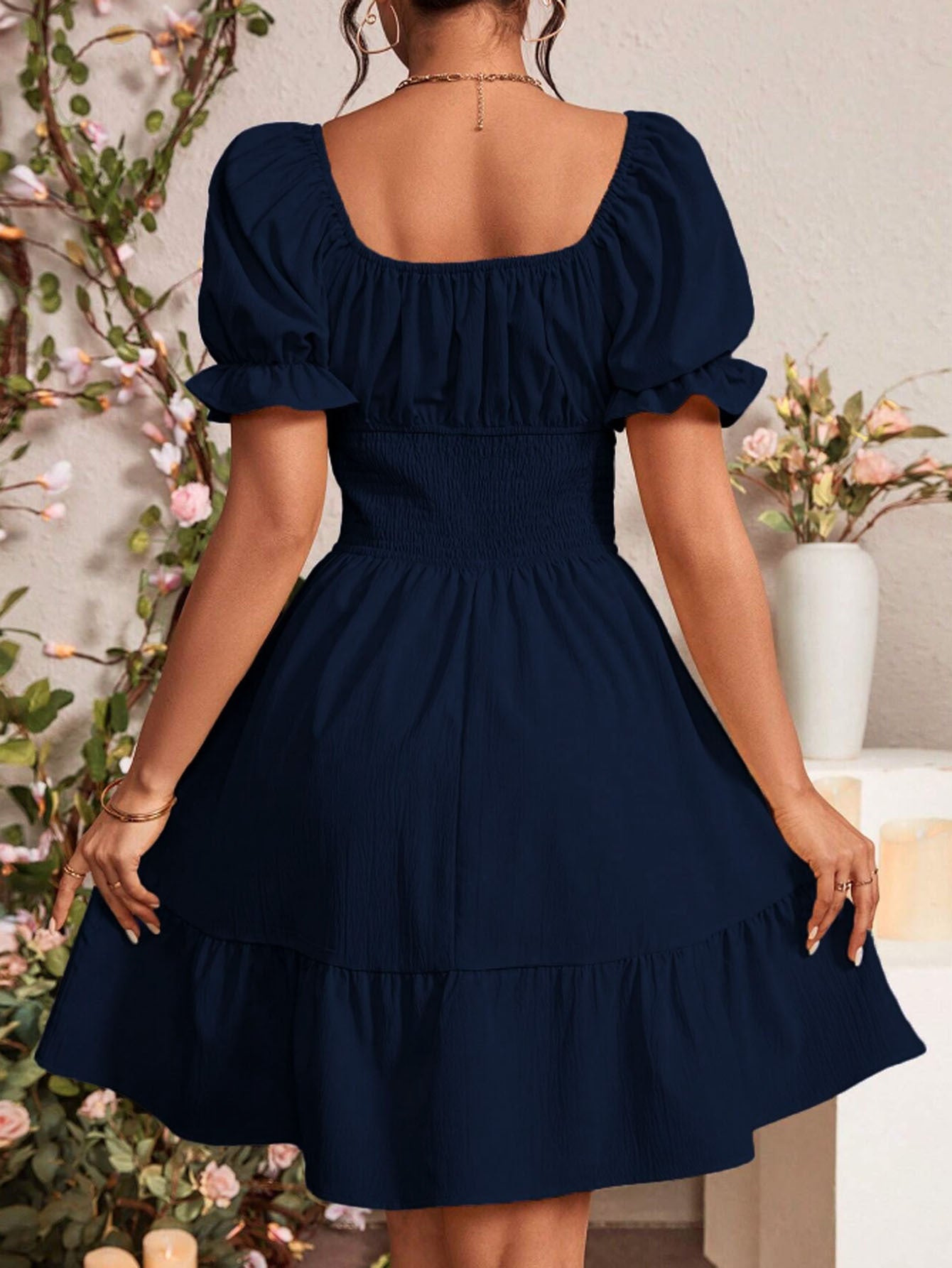 Navy Blue Square Collar Backless Mid Length Dress with Puff Sleeves | noémi