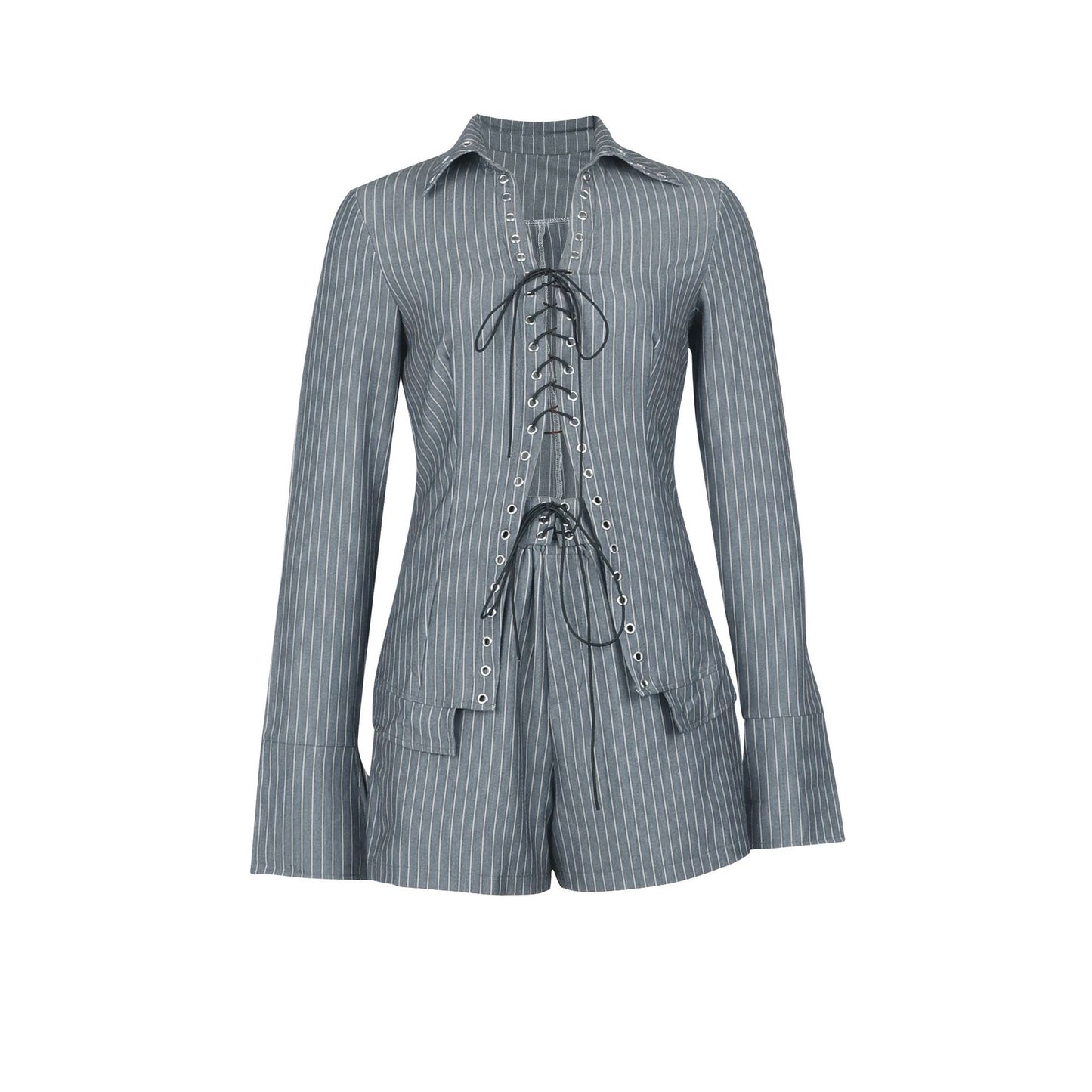 Womens Striped Lace Up Shirt & Shorts Set | Casual Long Sleeve Collared Top & High Waist Shorts | noémi