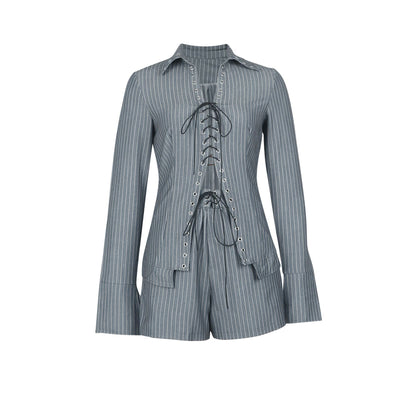Womens Striped Lace Up Shirt & Shorts Set | Casual Long Sleeve Collared Top & High Waist Shorts | noémi