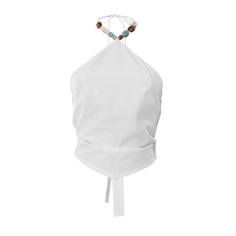 White Halter Tie Back Top with Gemstone Beaded Neck | noémi