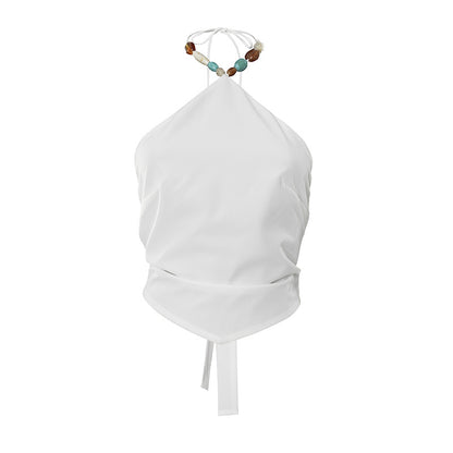White Halter Tie Back Top with Gemstone Beaded Neck | noémi