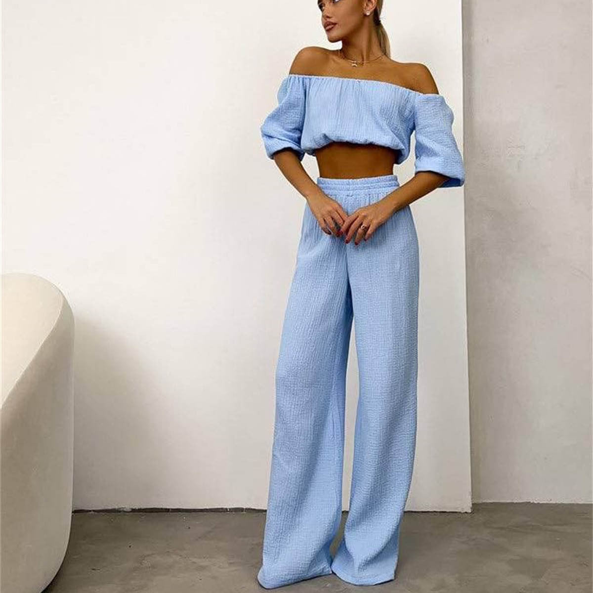 Womens Two Piece Cotton Chambray Set | Off Shoulder Top High Waist Wide Leg Pants | noémi