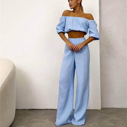 Womens Two Piece Cotton Chambray Set | Off Shoulder Top High Waist Wide Leg Pants | noémi