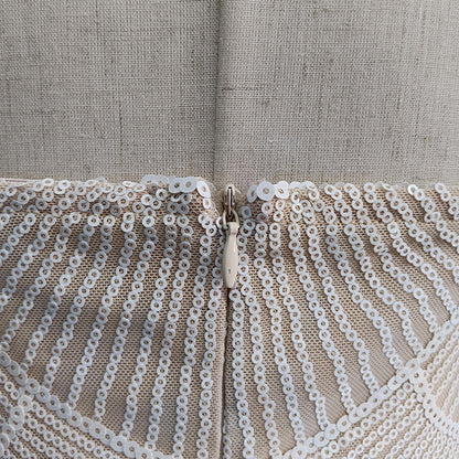 Pearl Embellished White Midi Dress | Strapless Cutout Gown with Beaded Detail | noémi