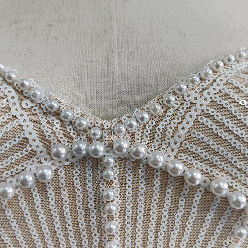 Pearl Embellished White Midi Dress | Strapless Cutout Gown with Beaded Detail | noémi