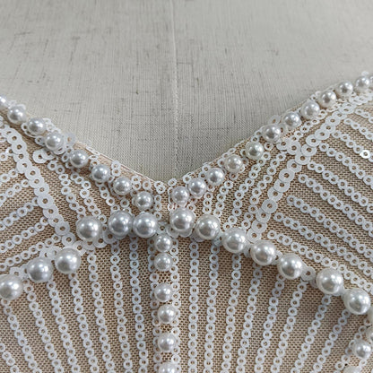 Pearl Embellished White Midi Dress | Strapless Cutout Gown with Beaded Detail | noémi