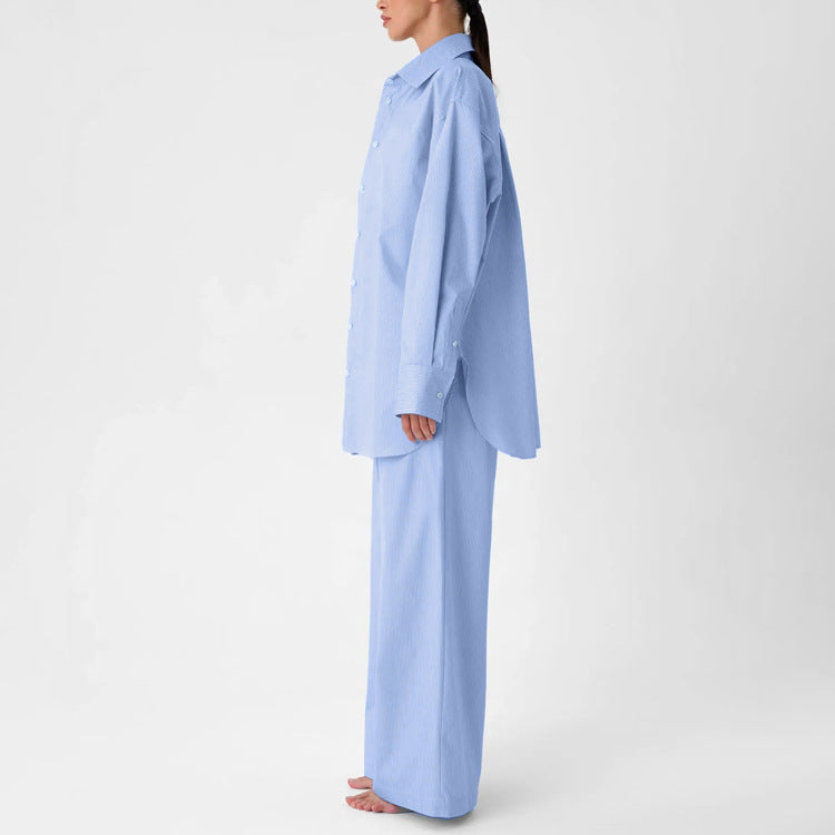 Striped Shirt Set for Women | Loose Collared Cardigan & WidenLeg Trousers | noémi