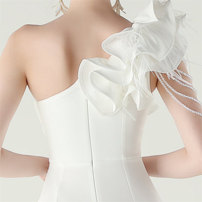 One Shoulder Floral Satin Gown | Beaded Ruffle High Slit | noémi