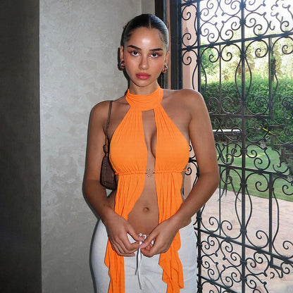 Summer Women’s Mesh Cutout Halter Top | LaceUp Backless Tassel Vest | noémi