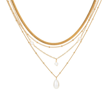 Multi Layer Gold Necklace with Water Drop Pearl | Tassel Pendant for Women | noémi