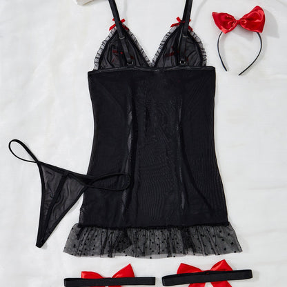 Womens Lace Up Cutout Lingerie Set with Bow Suspender and Matching Headband | noémi