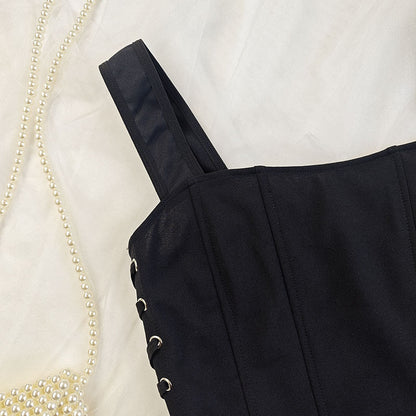 Slim Fit Corset Vest with Boning and Sling Straps in Black | noémi