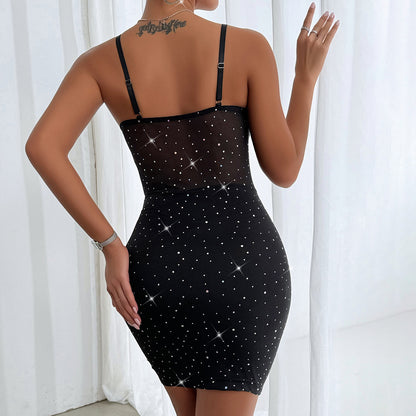 Black Sequin Corset Mini Dress | Backless Sheer Mesh Boned Bodycon Slip with Spaghetti Straps | noémi