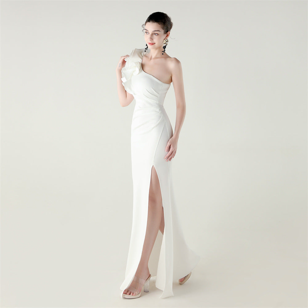 One Shoulder Ruffle Dress with High Slit | Craft Beaded Floral Satin Detail | noémi