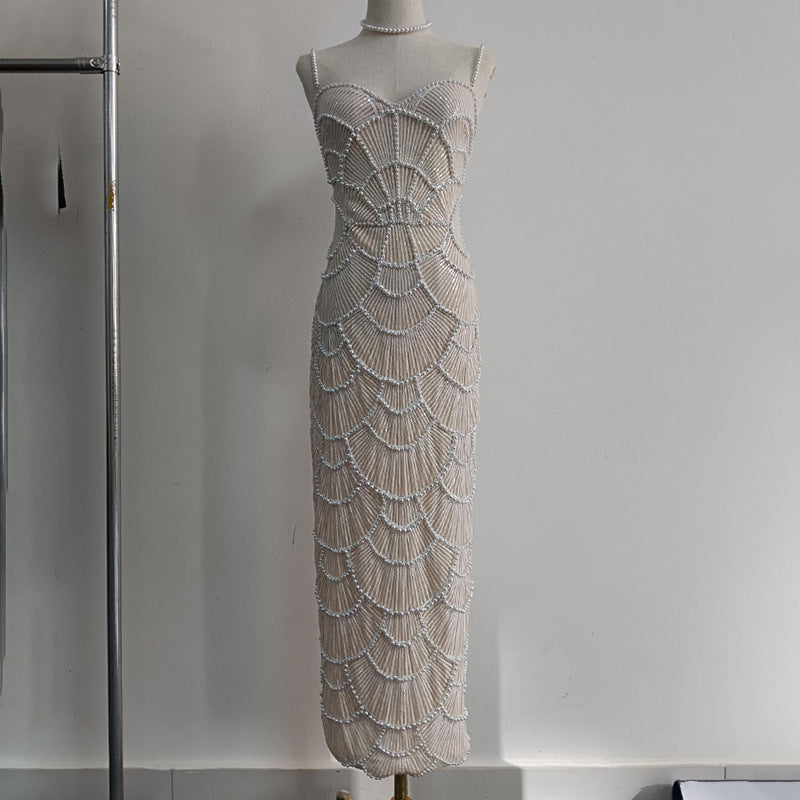 Pearl Embellished White Midi Dress | Strapless Cutout Gown with Beaded Detail | noémi