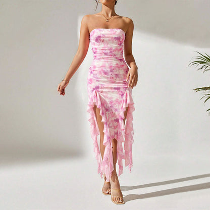 Pink Ruched Strapless Tie Dye Mesh Midi Dress | noémi