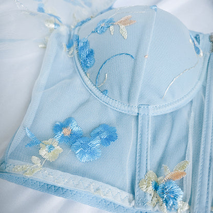 Mesh Lace Embroidery Corset Top with Puff Sleeves and Boning Support | noémi