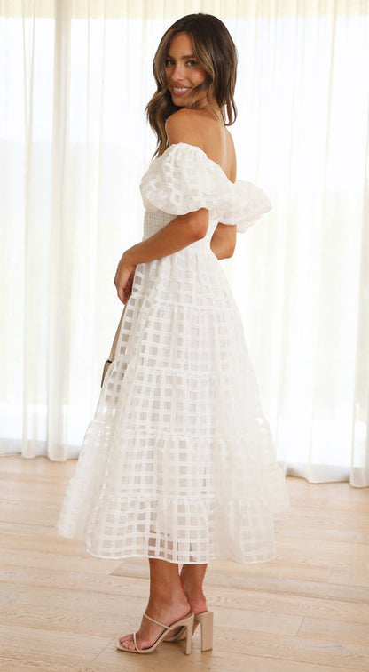 Off Shoulder Ruffle Midi Dress | Layered Mesh, Puff Sleeve | noémi