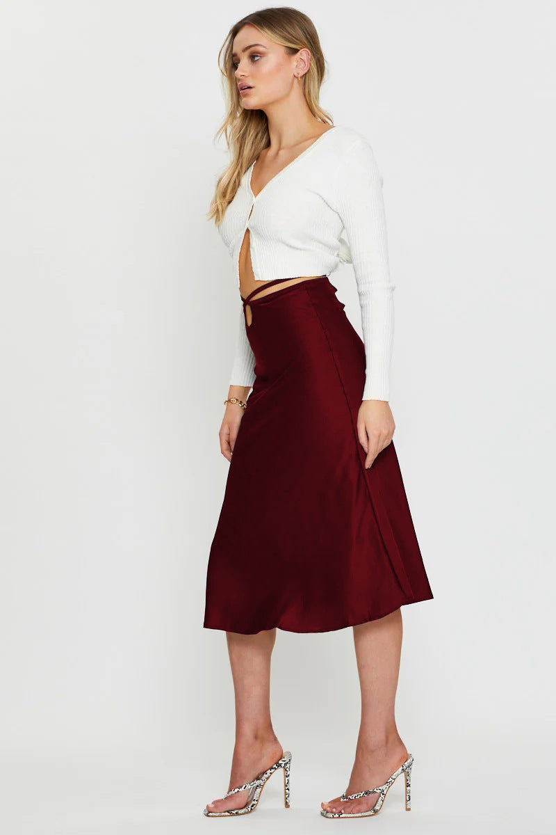Women's Solid Color Midi Skirt | Navel Exposed Design | Lacing & Zipper Detail | noémi