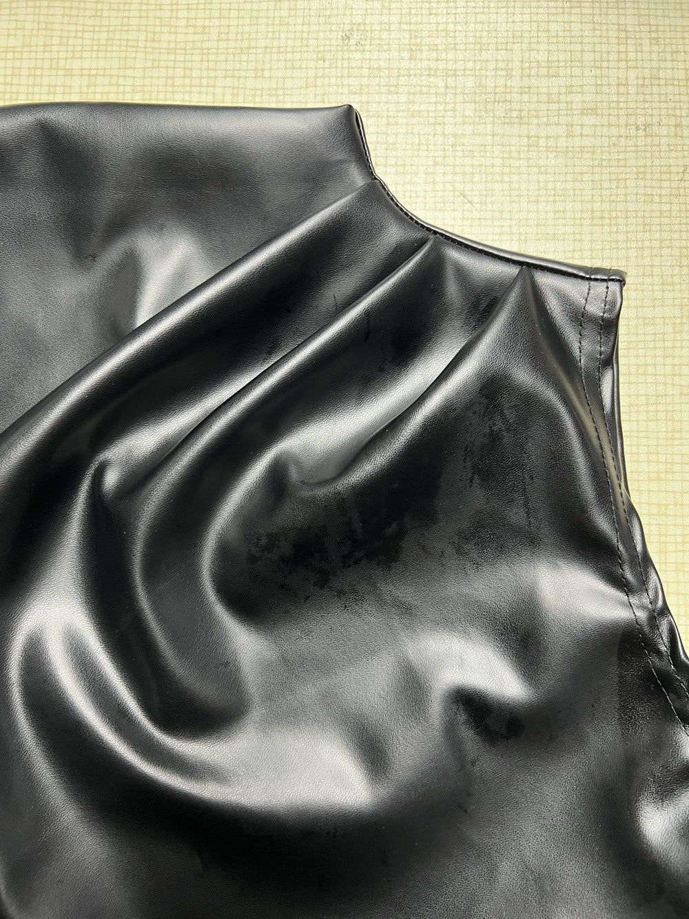 Womens Sleeveless Faux Leather Sheath Dress with Stand Collar Pleated Waist Hem | noémi