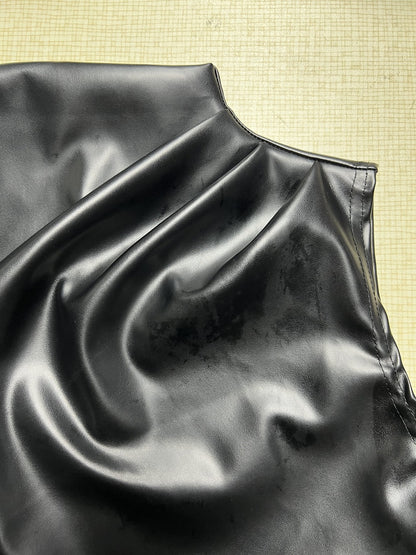 Womens Sleeveless Faux Leather Sheath Dress with Stand Collar Pleated Waist Hem | noémi