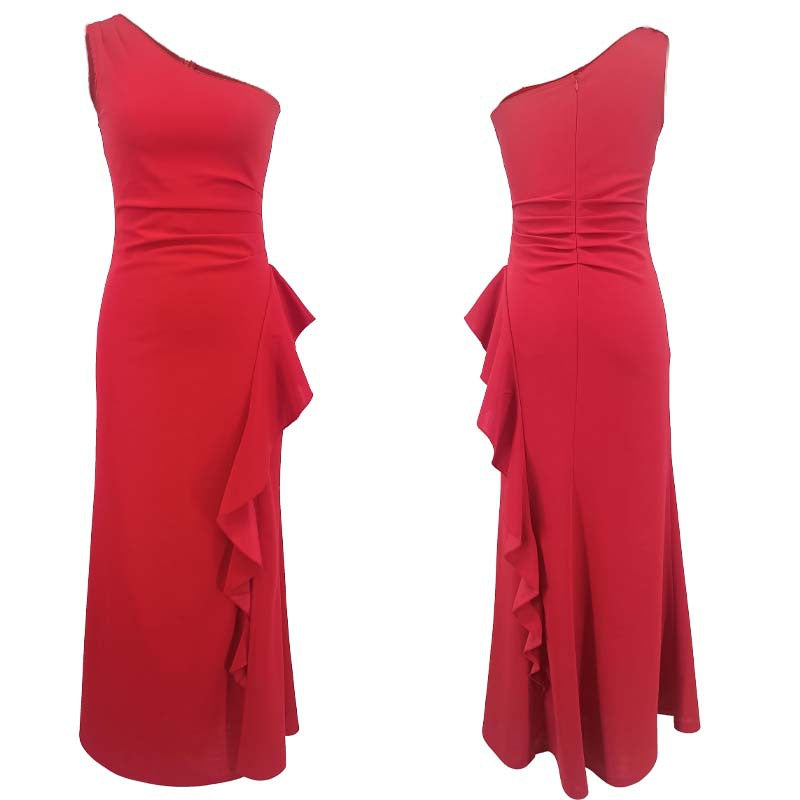 One Shoulder Fishtail Dress | Slim Fit Side Ruffle High Slit | noémi