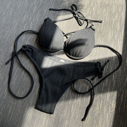 Drawstring Tie Bikini with Hard Cup Support and Textured Fabric | noémi