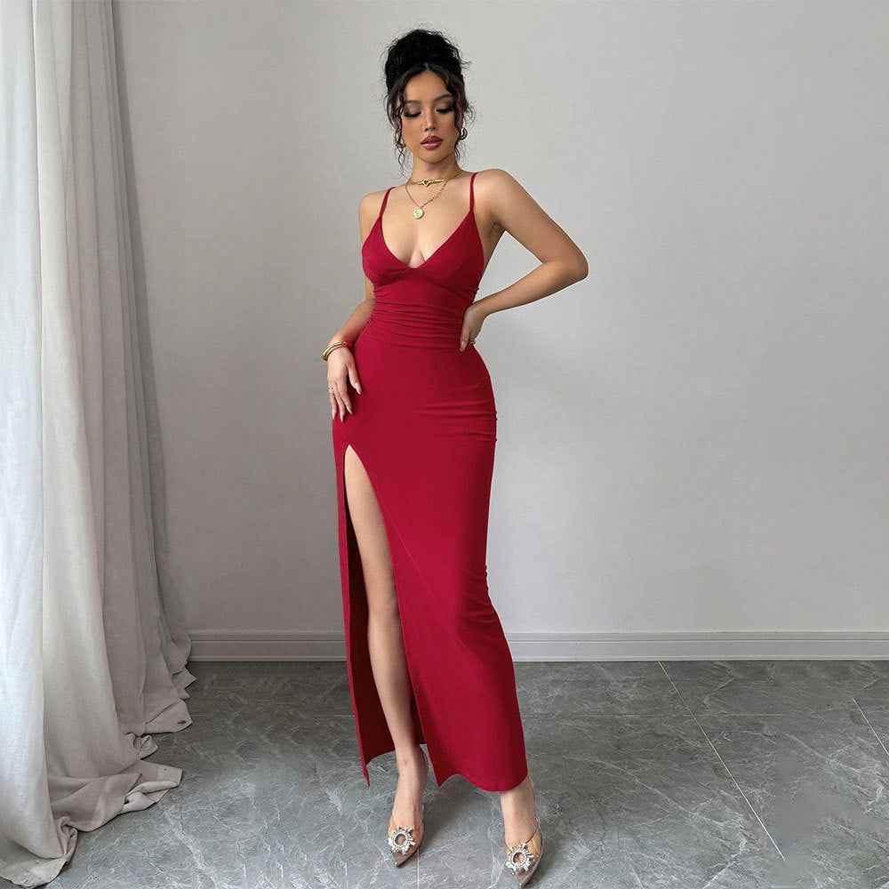 Womens Red Bodycon Maxi Dress | Spaghetti Strap with High Slit & Open Back | noémi