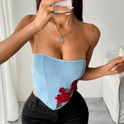 Denim Rose Embroidered Bandeau Corset Top | Lace Up Back, Boning Detail | noémi