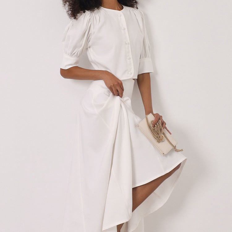 Satin TwoPiece Set | HighGrade Skirt & Round Neck Short Sleeve Cardigan Top | noémi