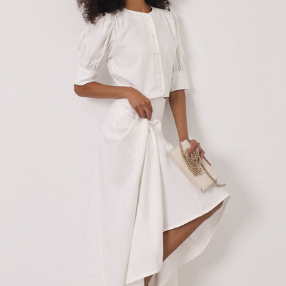 Satin TwoPiece Set | HighGrade Skirt & Round Neck Short Sleeve Cardigan Top | noémi