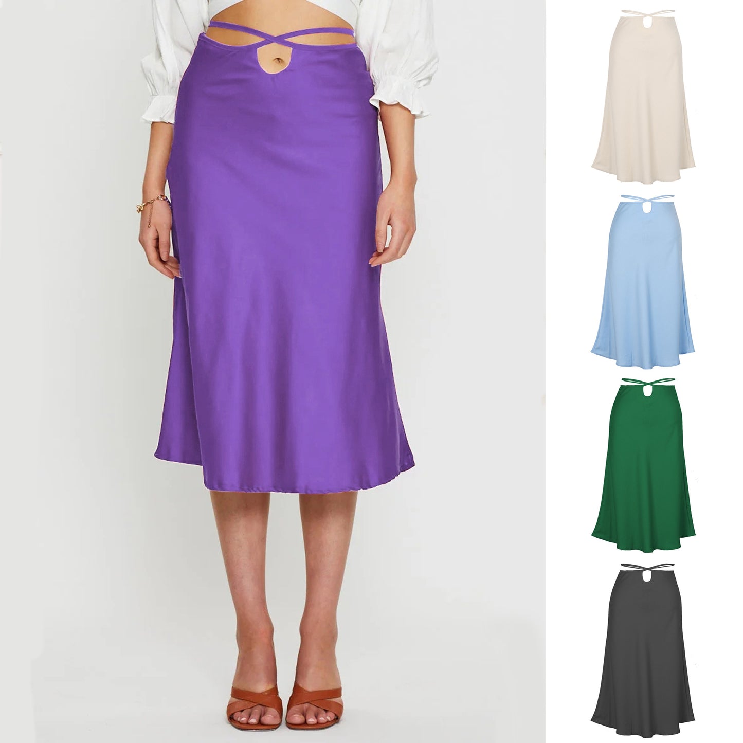 Women's Solid Color Midi Skirt | Navel Exposed Design | Lacing & Zipper Detail | noémi