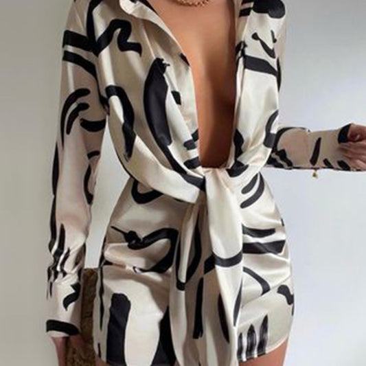 Satin Print Shirt Dress | Long Sleeve Tie Front Mini with Deep VNeck | noémi