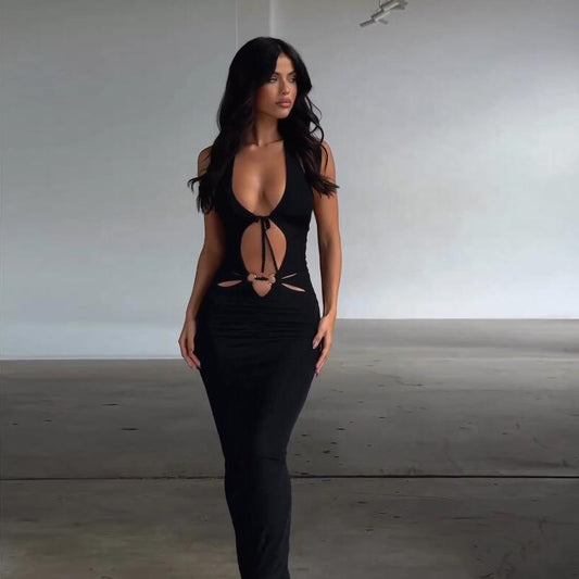 Womens V Neck Lace Up Short Sleeve Slim Fit Cutout Dress | noémi