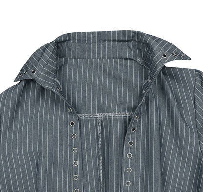 Womens Striped Lace Up Shirt & Shorts Set | Casual Long Sleeve Collared Top & High Waist Shorts | noémi