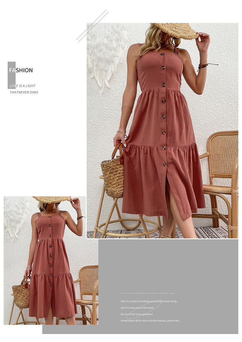 Cotton Linen Strap Button Down Cardigan Style Dress For Women | noémi