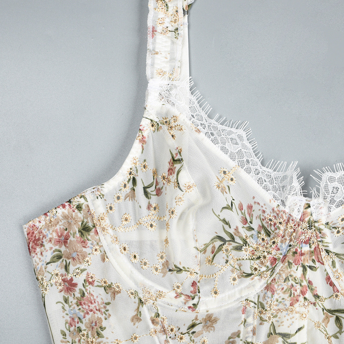 Lace Embroidered Corset Top | Floral Chiffon Bralette with Boning | Adjustable Straps | noémi
