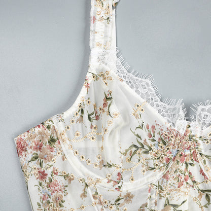Lace Embroidered Corset Top | Floral Chiffon Bralette with Boning | Adjustable Straps | noémi