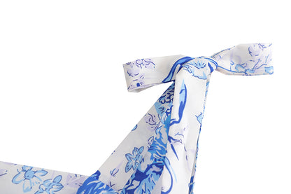 Blue Printed Tiered Dress | High Waist Tie Strap Shoulder Lace Up Dress for Women | noémi