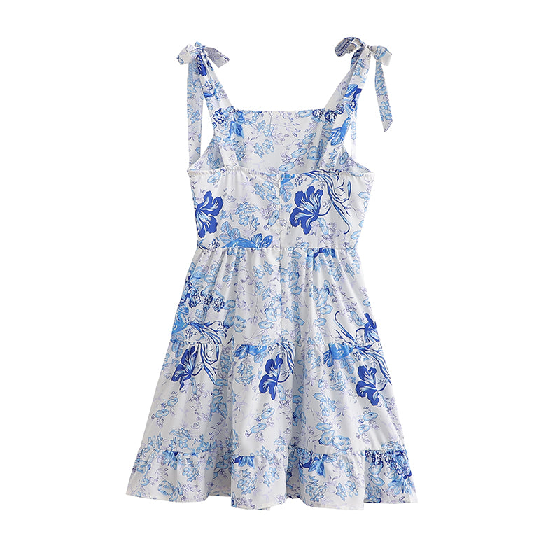 Blue Printed Tiered Dress | High Waist Tie Strap Shoulder Lace Up Dress for Women | noémi