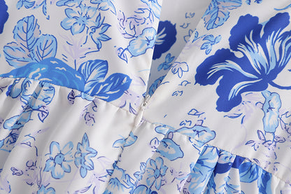 Blue Printed Tiered Dress | High Waist Tie Strap Shoulder Lace Up Dress for Women | noémi