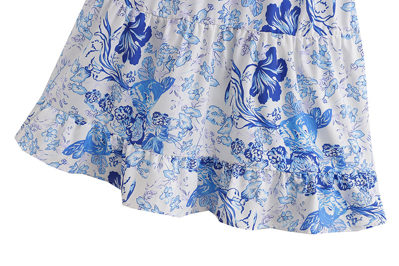 Blue Printed Tiered Dress | High Waist Tie Strap Shoulder Lace Up Dress for Women | noémi