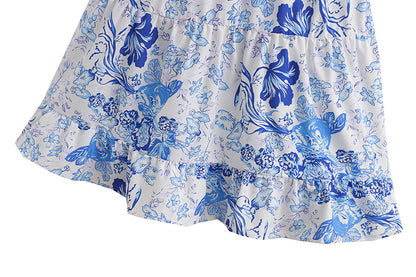 Blue Printed Tiered Dress | High Waist Tie Strap Shoulder Lace Up Dress for Women | noémi