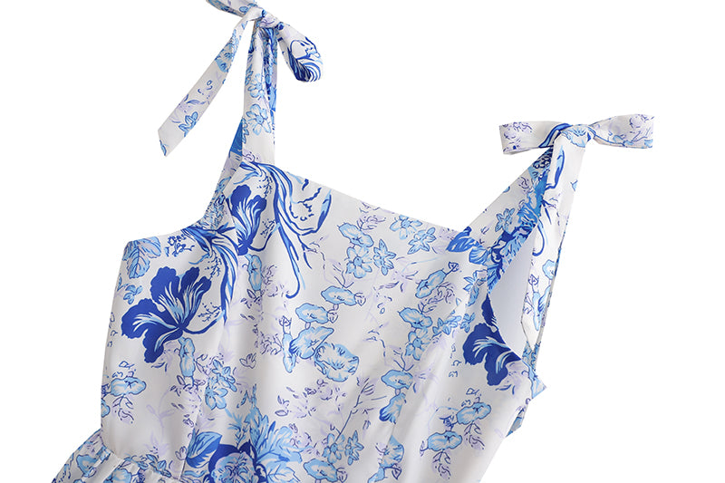 Blue Printed Tiered Dress | High Waist Tie Strap Shoulder Lace Up Dress for Women | noémi