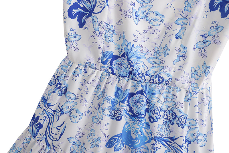 Blue Printed Tiered Dress | High Waist Tie Strap Shoulder Lace Up Dress for Women | noémi